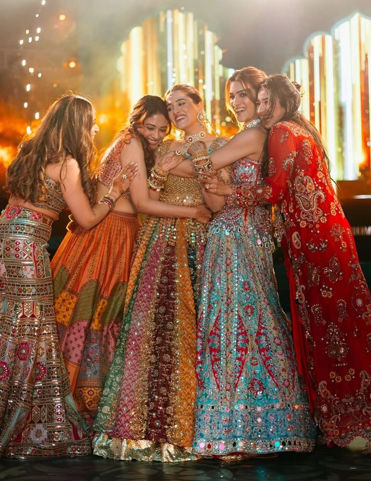 Bridesmaid wearing colorful lehenga inspired by Bollywood