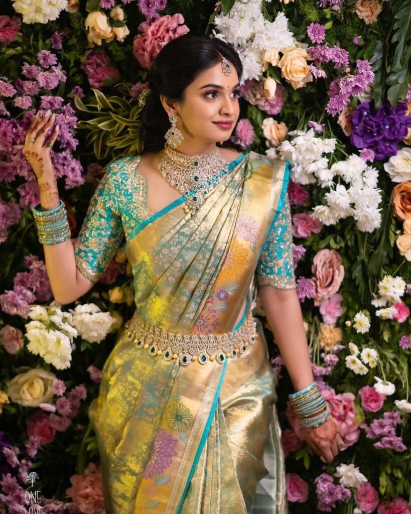 Bride in bright Kanjivaram saree