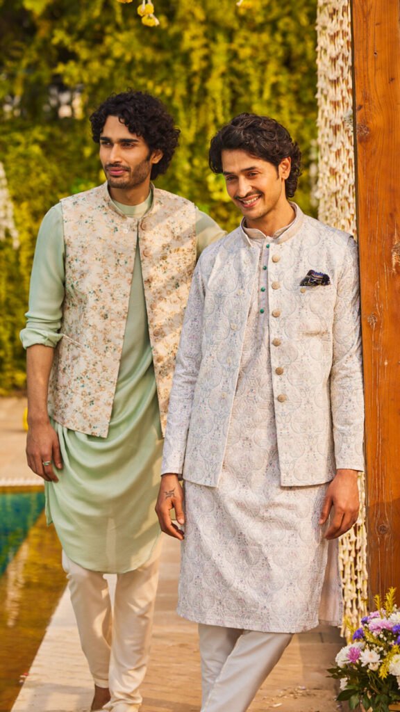 Classic short kurta styled with embroidered Nehru jacket