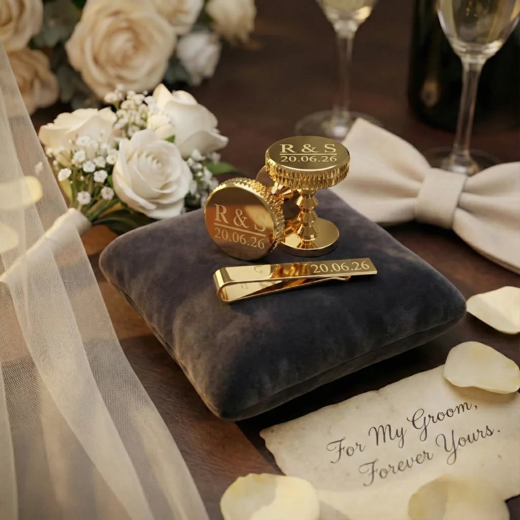 Groom wearing elegant gold cufflinks for wedding ceremony