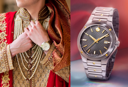 Groom showcasing a luxury gold watch during ring ceremony