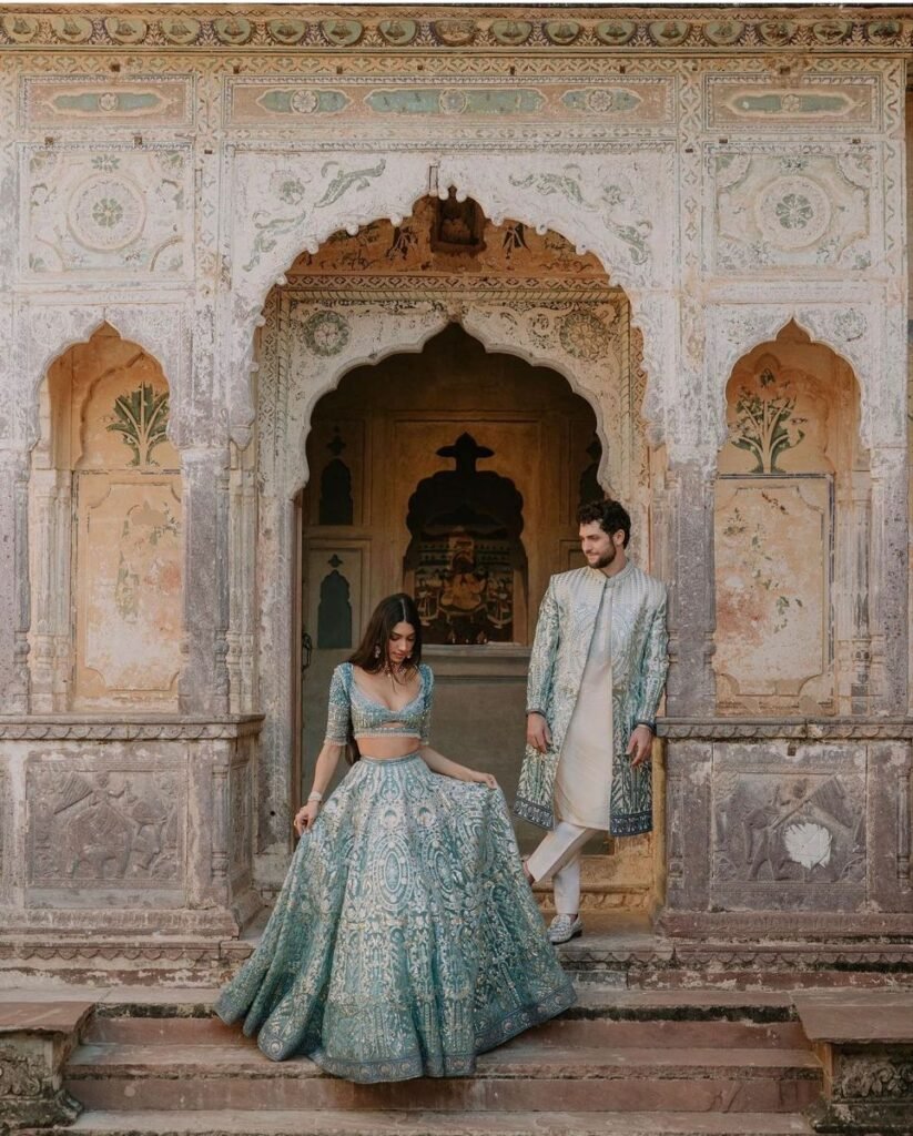  Couple posing at luxury pre-wedding venue in Delhi

