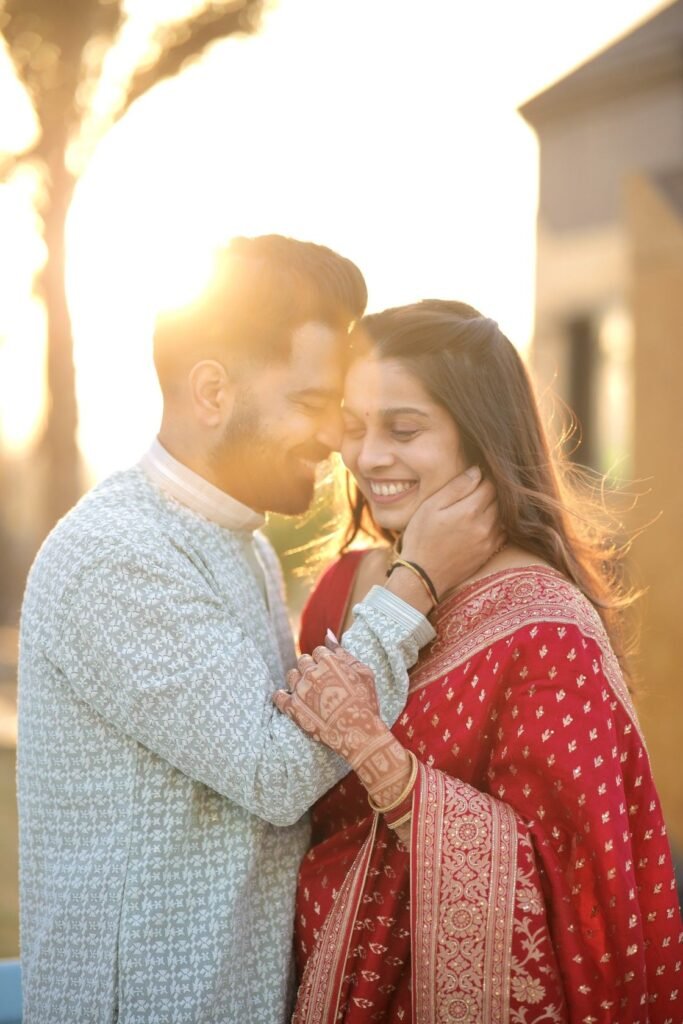 Couple touching foreheads during pre-wedding photoshoot