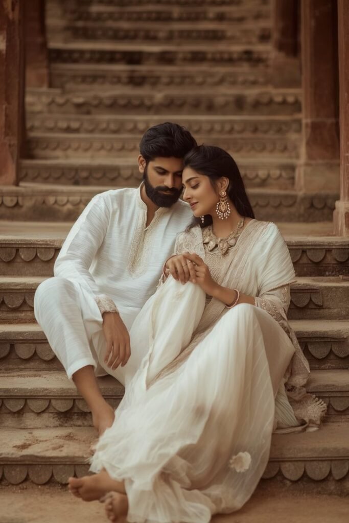 Couple sitting together during pre-wedding photoshoot