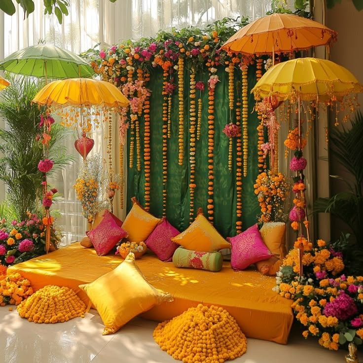 yellow drape haldi decoration at home