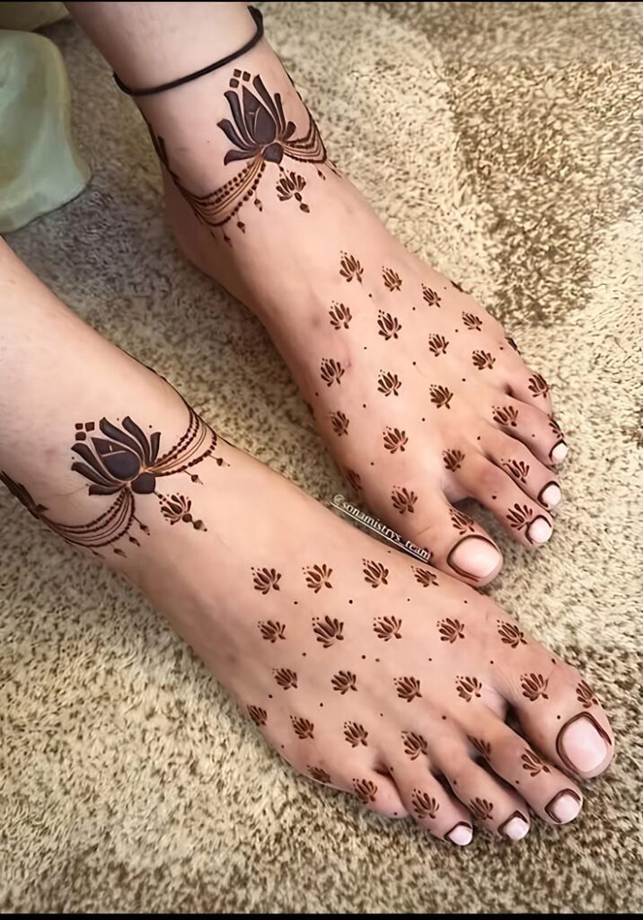 Bridal foot mehndi with mandala design and anklet pattern