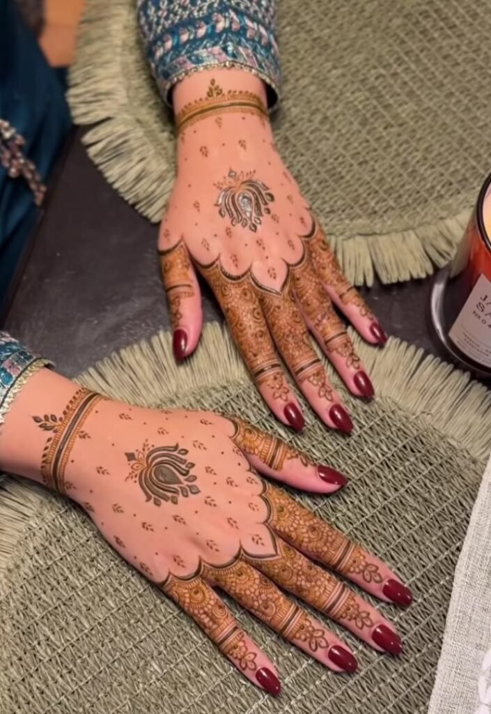 Close-up of mandala mehndi pattern on bride’s palm
