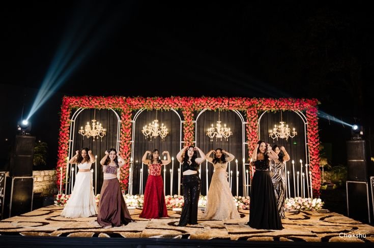 Group dance on Bollywood hits at wedding sangeet