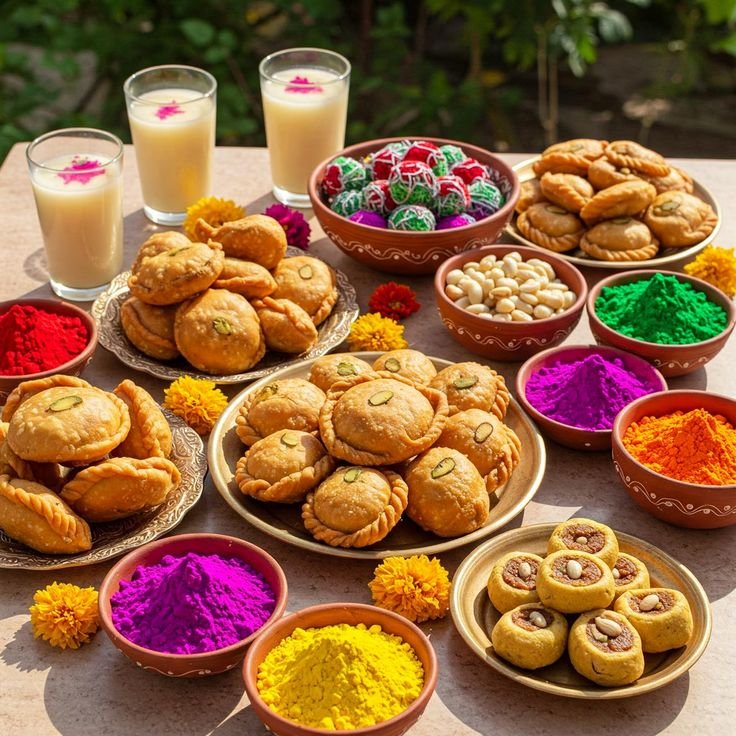 Gujiya, thandai and festive Holi snacks setup