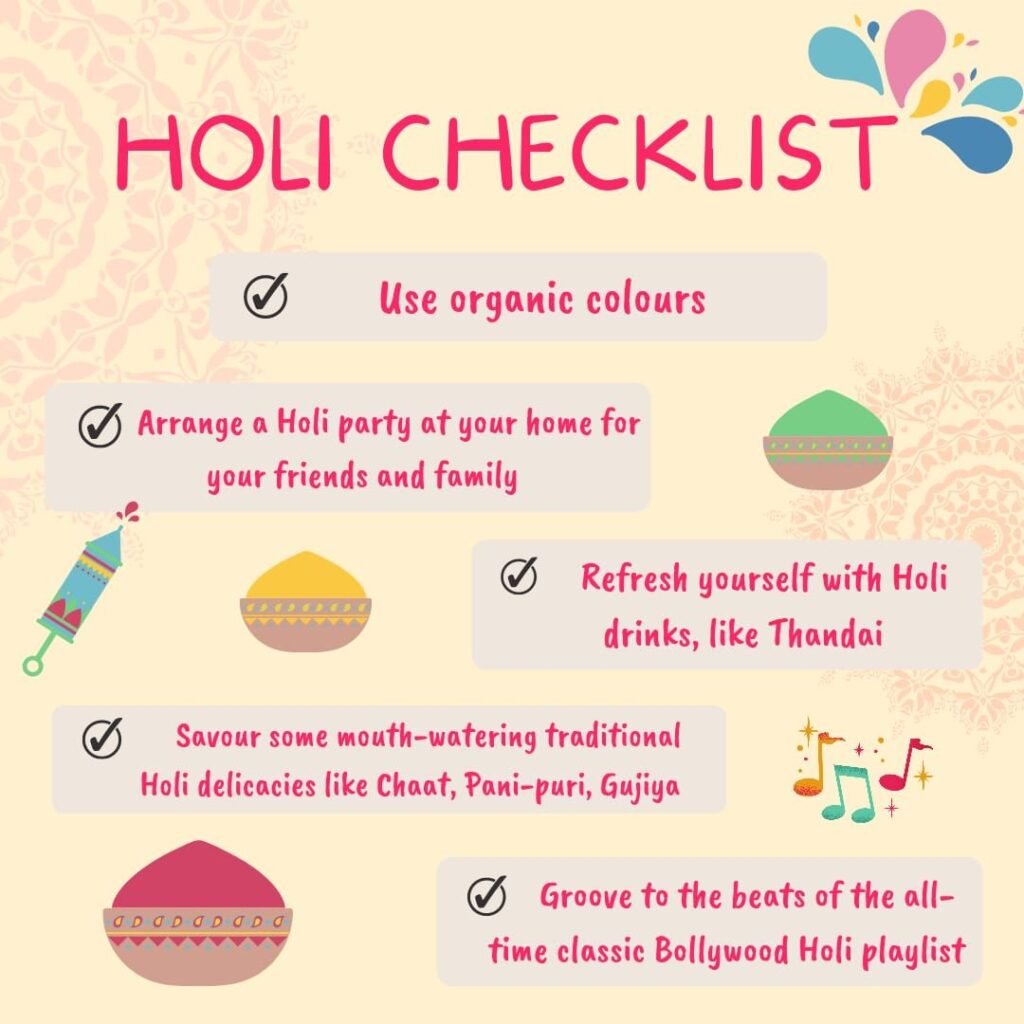 Holi event planning checklist with decorations and music notes