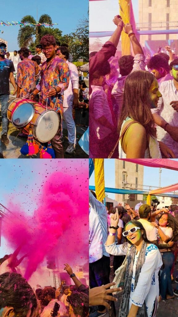 Crowd dancing joyfully during colorful Holi festival
