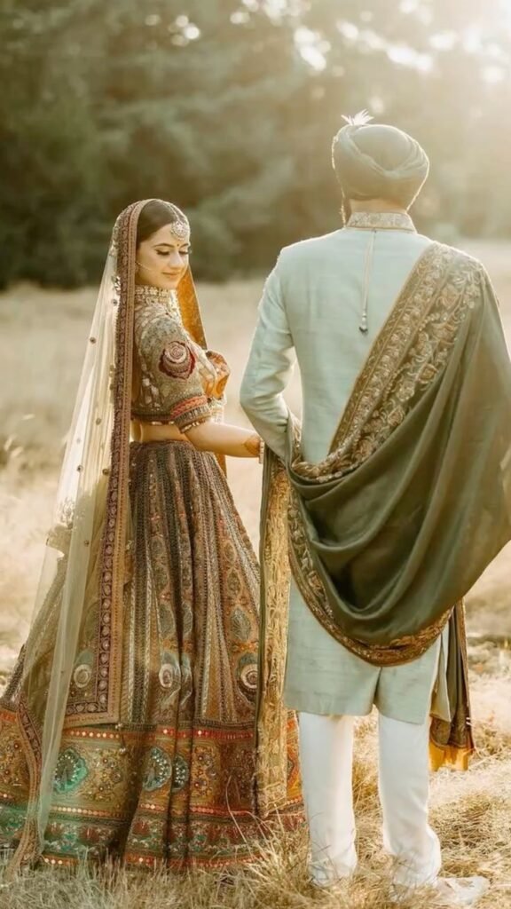 Groom wearing matching wedding turban.